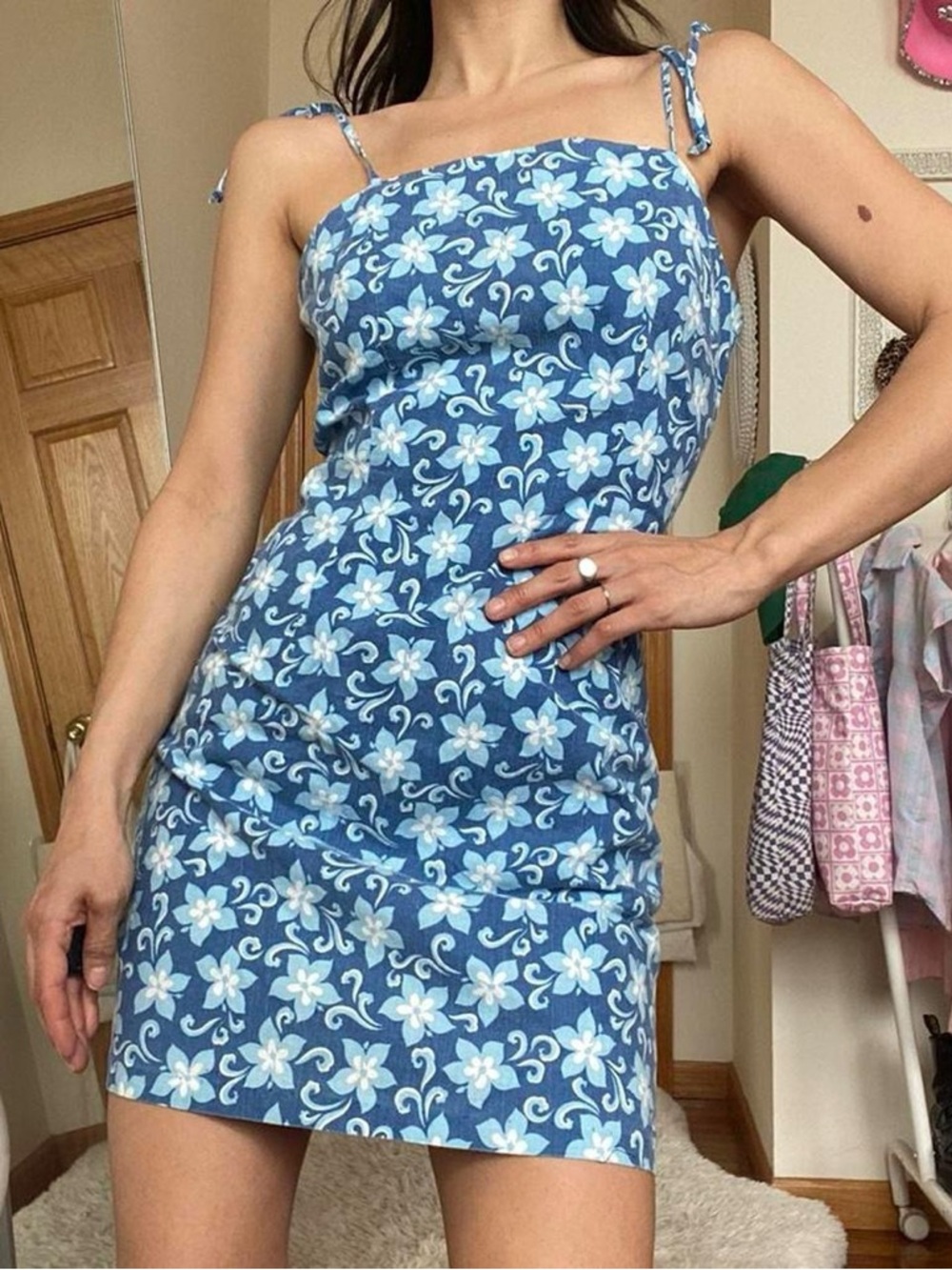 Vintage Blue Floral Tie-Strap Mini Dress